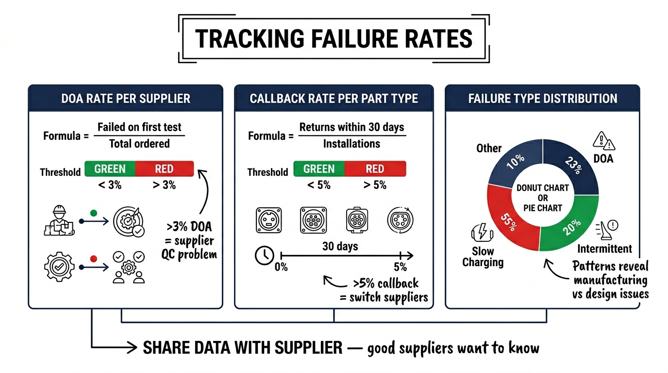 Tracking failure rates dashboard showing DOA rate per supplier, callback rate per part type, and failure type distribution metrics