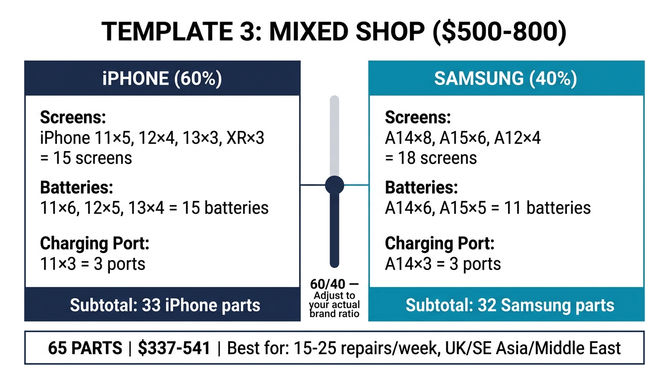 Mixed iPhone and Samsung wholesale order split-panel comparison with 60/40 brand ratio