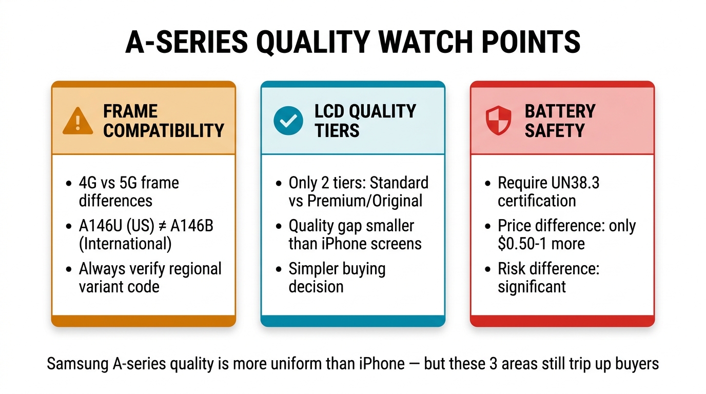 Samsung A-series quality watch points: frame compatibility, LCD quality tiers, and battery safety considerations