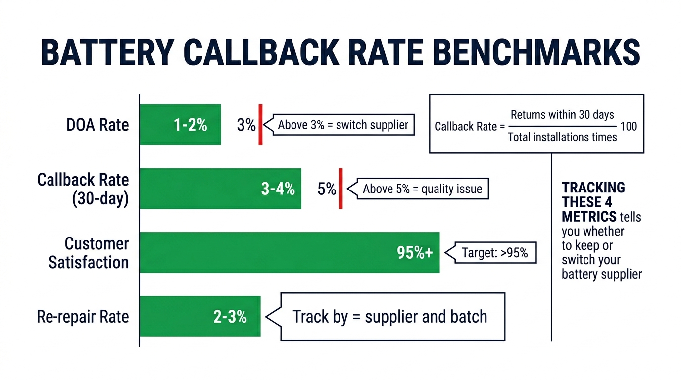 Battery callback rate benchmarks showing DOA rate, 30-day callback rate, customer satisfaction, and re-repair rate targets