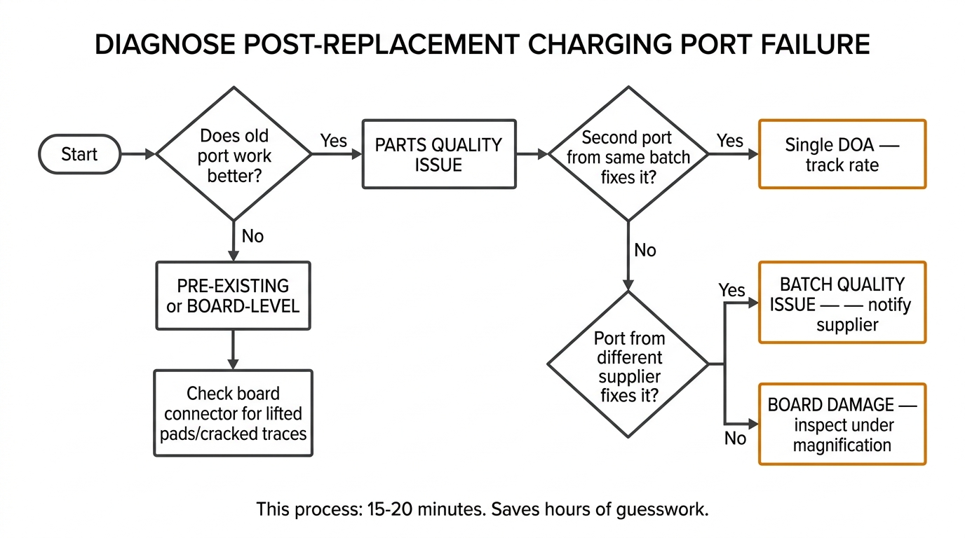 Diagnosis decision tree for post-replacement charging port failures showing how to trace problems to parts quality, batch issues, or board damage