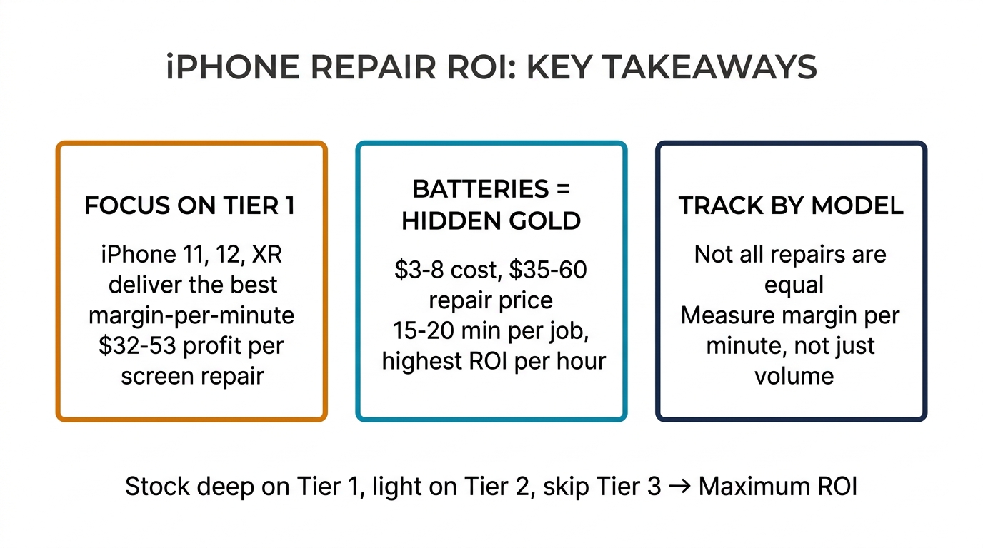 iPhone repair ROI key takeaways infographic showing three insight boxes for Tier 1 focus, battery profitability, and model tracking
