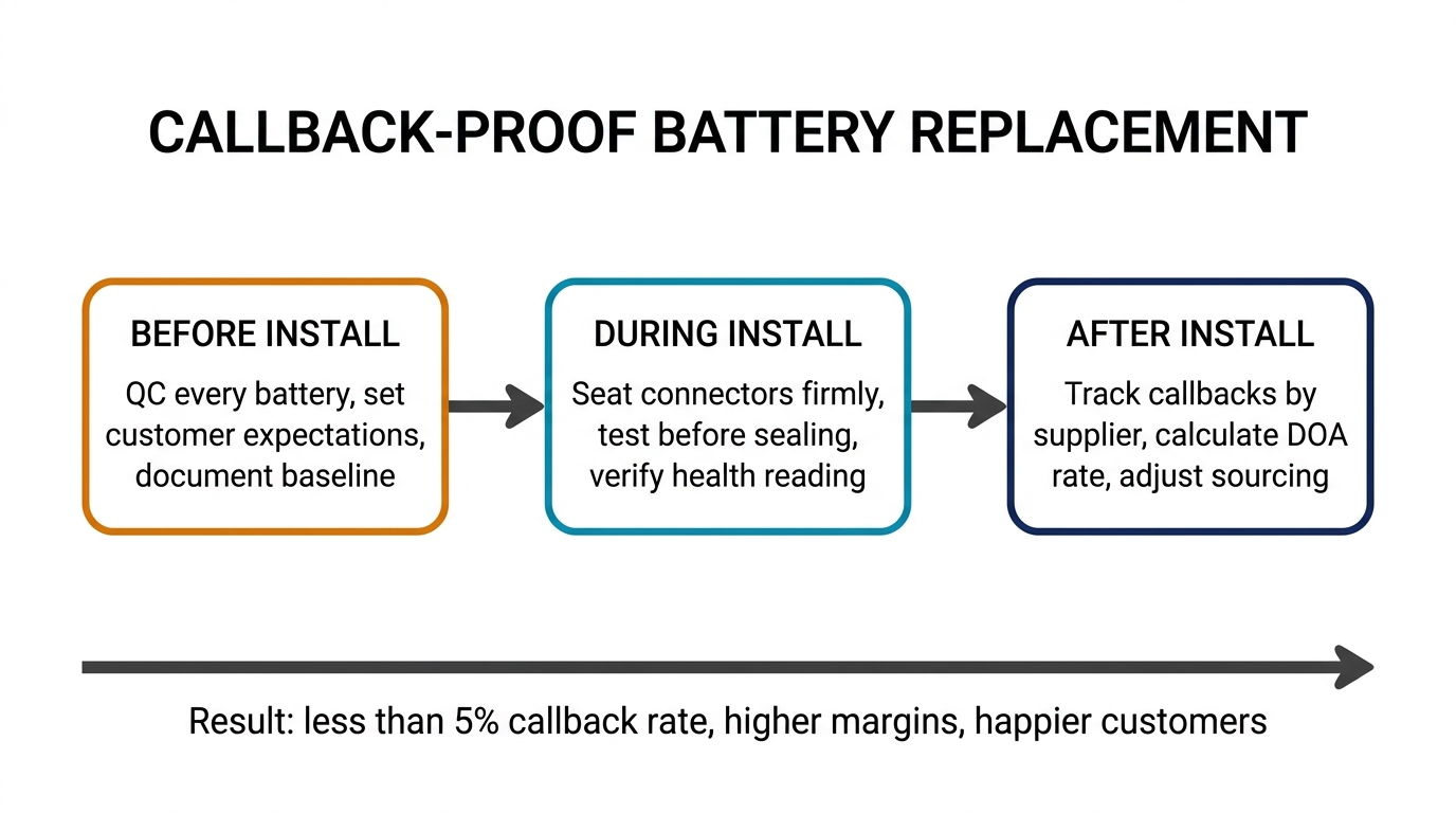 Callback-proof battery replacement process summary showing three phases: before install, during install, and after install