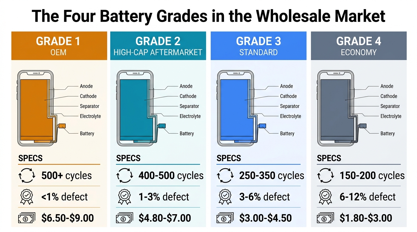 Infographic comparing four iPhone battery wholesale grades from OEM to Economy with pricing and specs