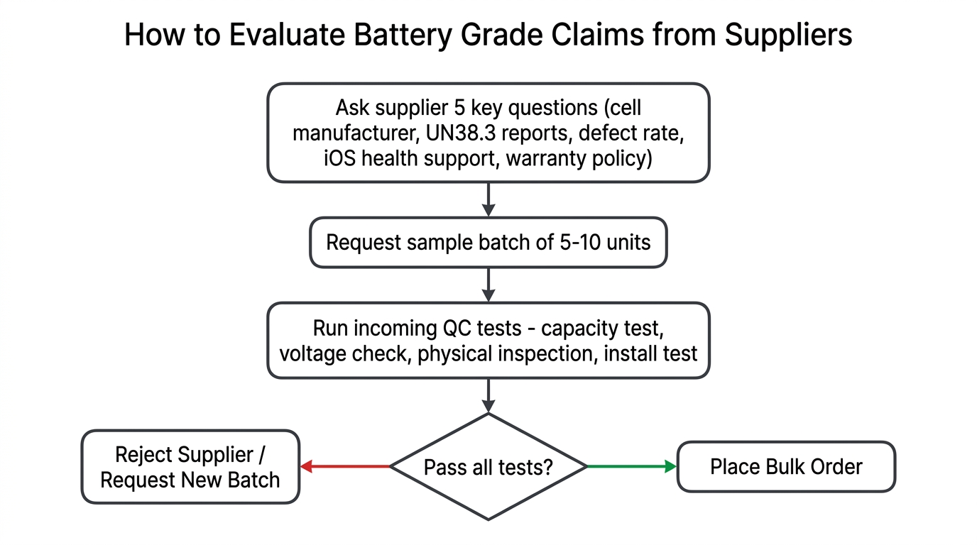Flowchart showing the process to evaluate and verify battery grade claims from wholesale suppliers