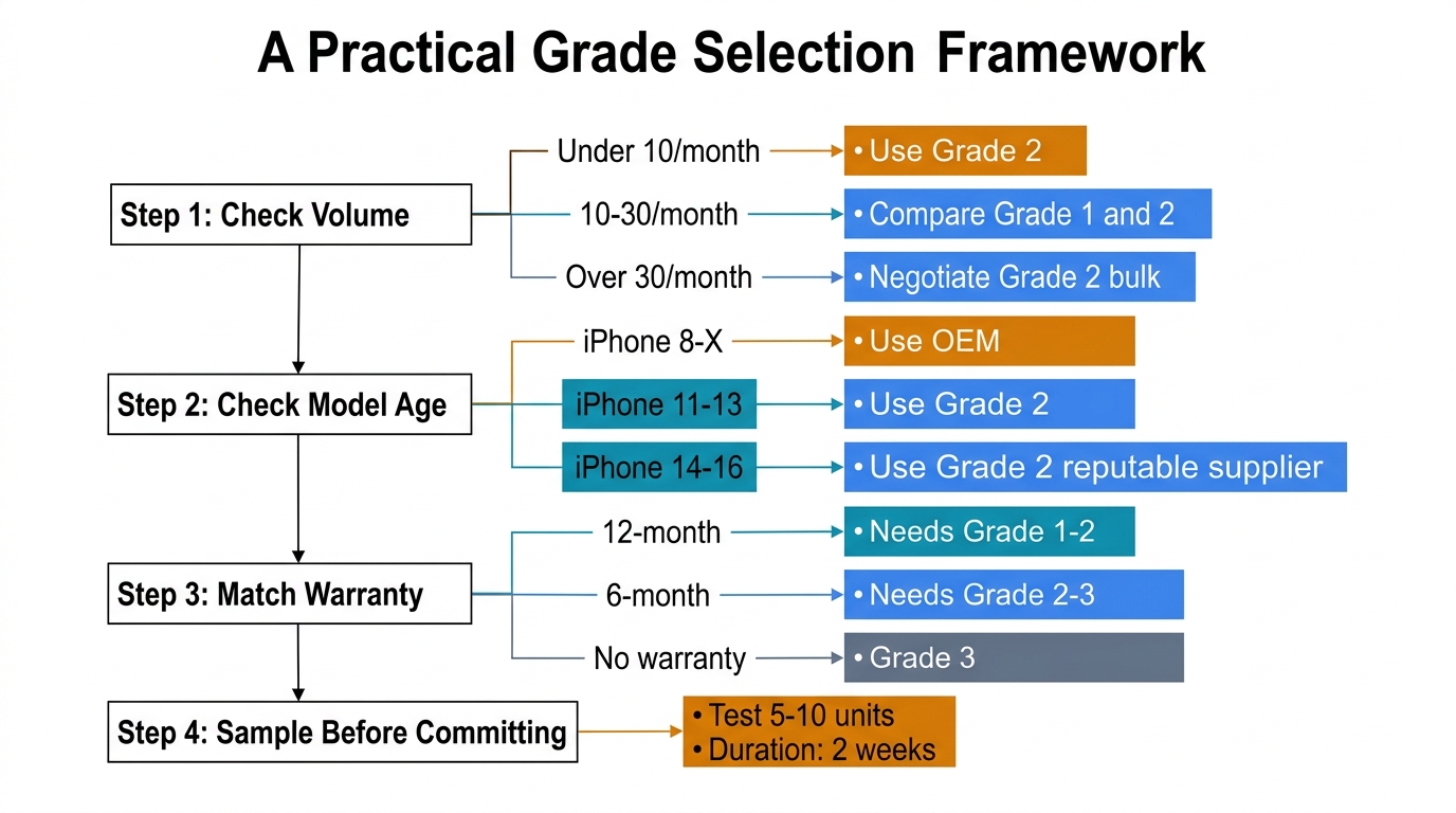 Decision tree framework for selecting iPhone battery grades based on volume, model age, and warranty