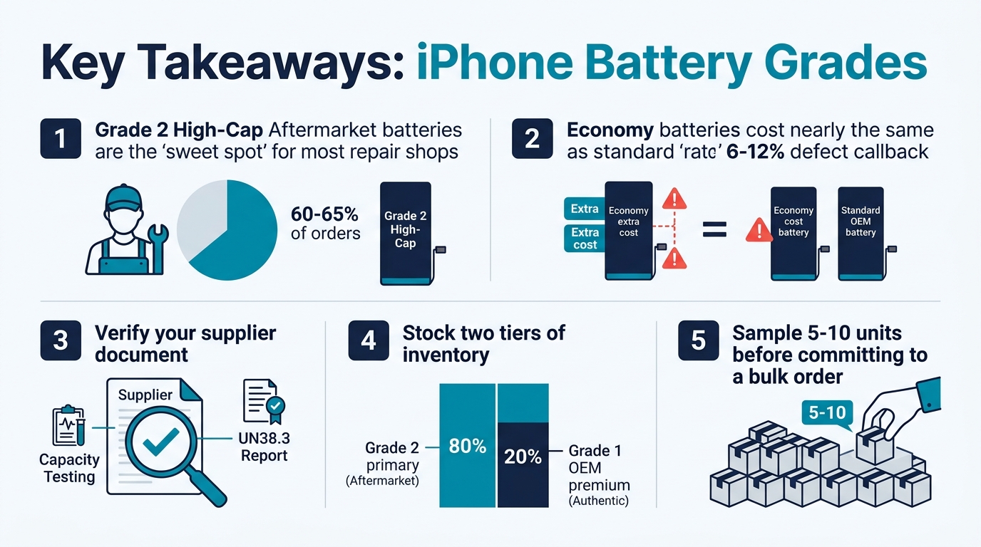 Key takeaways summary for choosing iPhone battery grades in wholesale orders