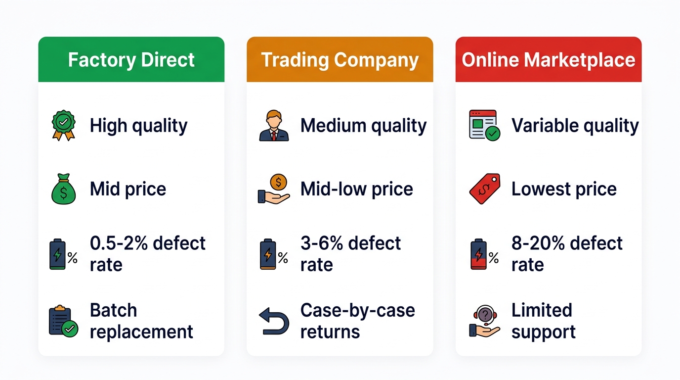 Supplier quality tier comparison — Factory Direct vs Trading Company vs Online Marketplace