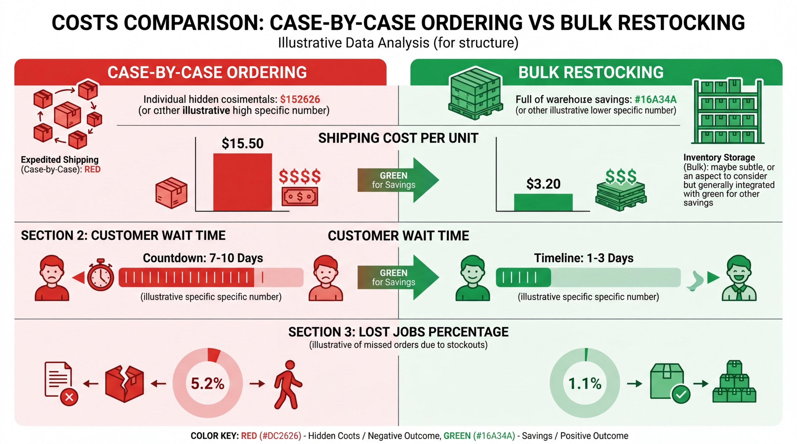 Comparison of case-by-case ordering vs bulk restocking costs — shipping, wait time, and lost jobs