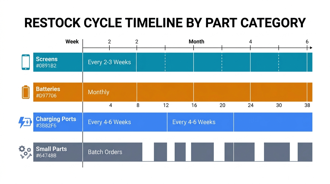 Restock cycle timeline by part category — screens every 2-3 weeks, batteries monthly, charging ports every 4-6 weeks, small parts in batch orders