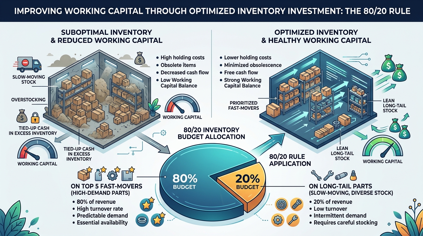 Infographic showing the 80/20 rule for inventory investment — 80% budget on top 5 fast-movers, 20% on long-tail parts