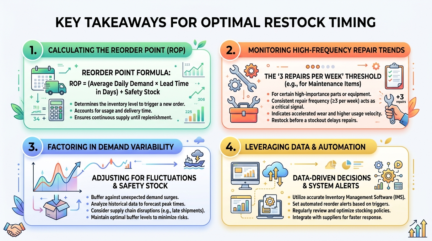 Key takeaways for phone parts restock timing including the 3 repairs per week threshold and reorder point formula