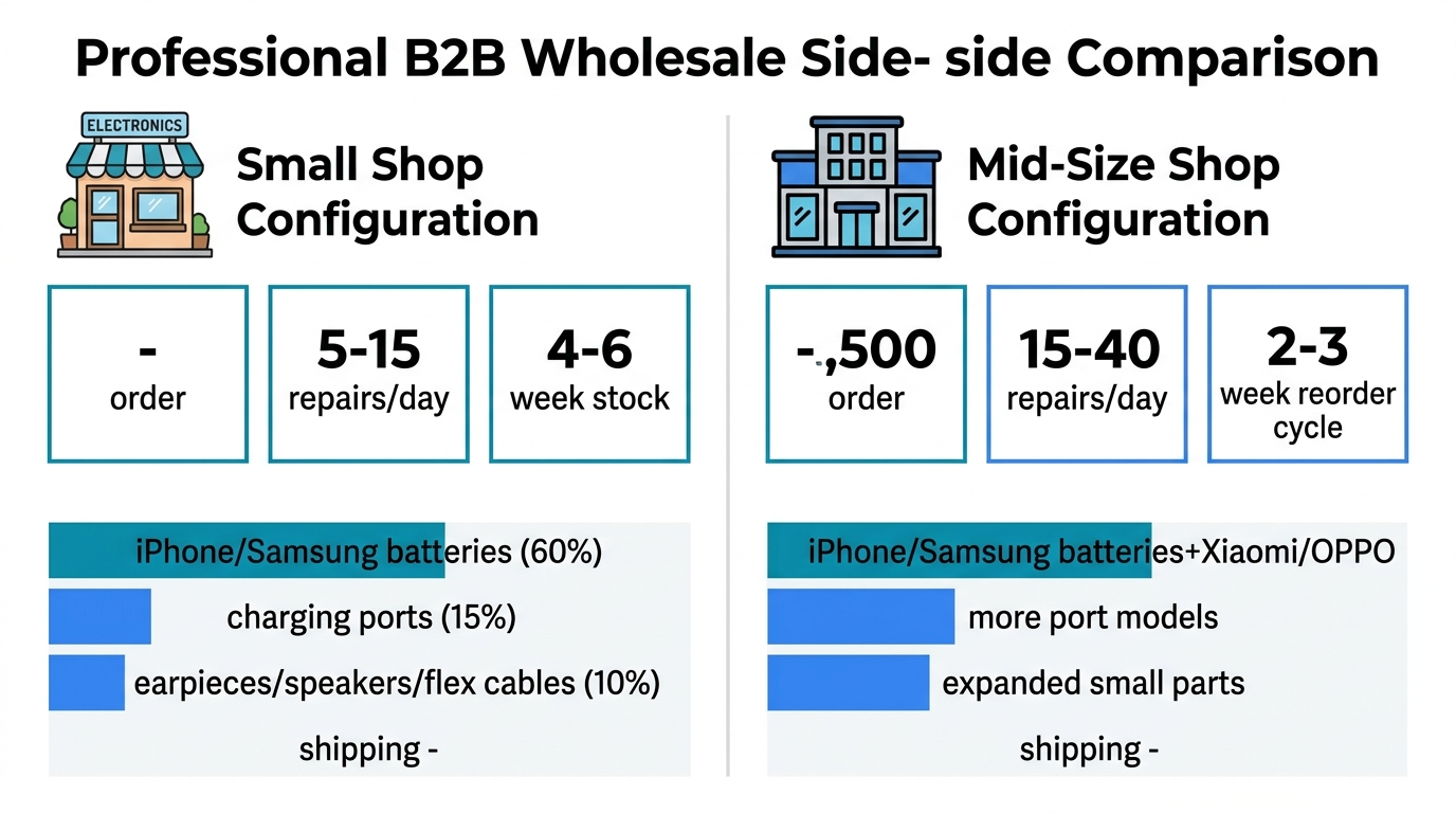 Side-by-side comparison of small shop vs mid-size shop order configurations