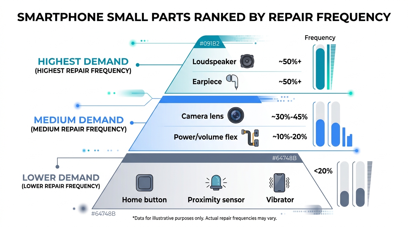 Infographic showing small phone parts ranked by repair frequency with tiered demand levels