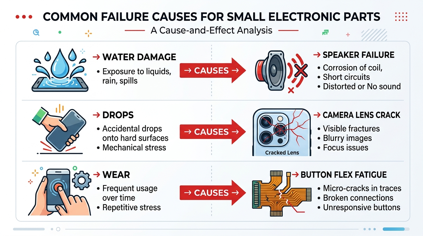 Infographic showing failure causes for small phone parts: water damage, drops, and mechanical wear