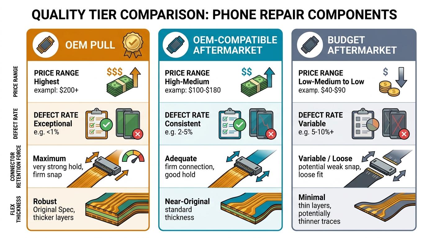 Comparison of OEM Pull, OEM-Compatible Aftermarket, and Budget Aftermarket flex cable quality tiers