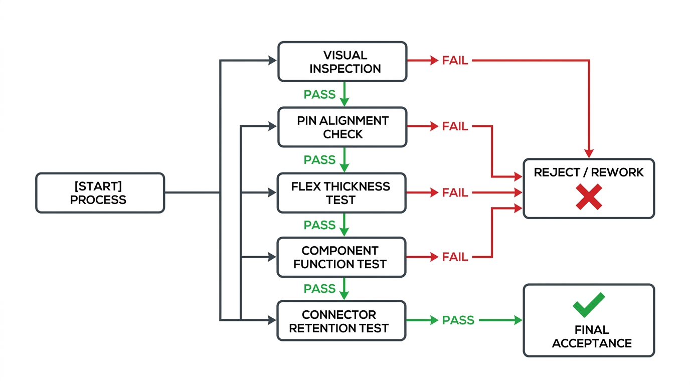 Flowchart showing quality evaluation steps for charging port flex cables