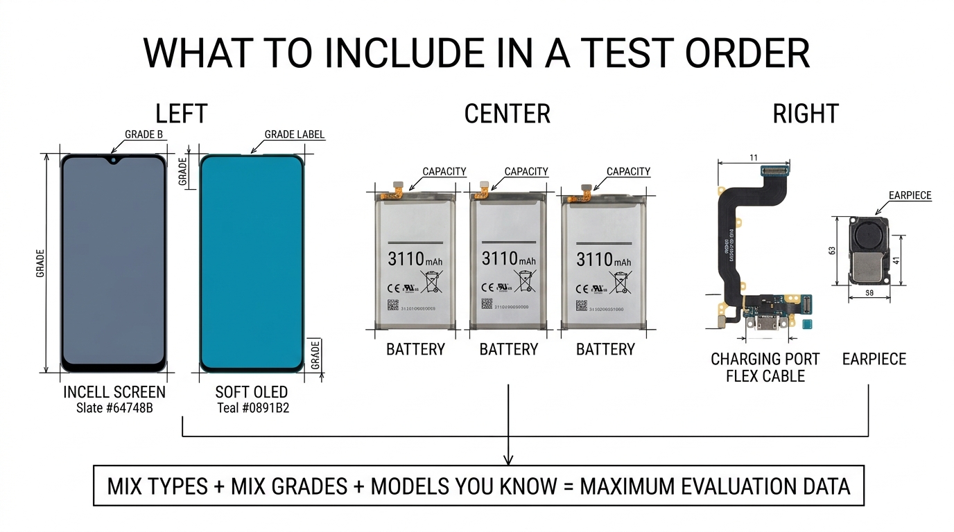 Infographic showing test order composition: screens in multiple grades, batteries, and small parts organized by category
