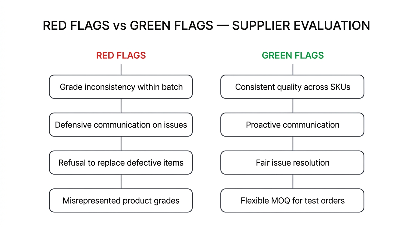 Flowchart comparing red flags and green flags in supplier evaluation