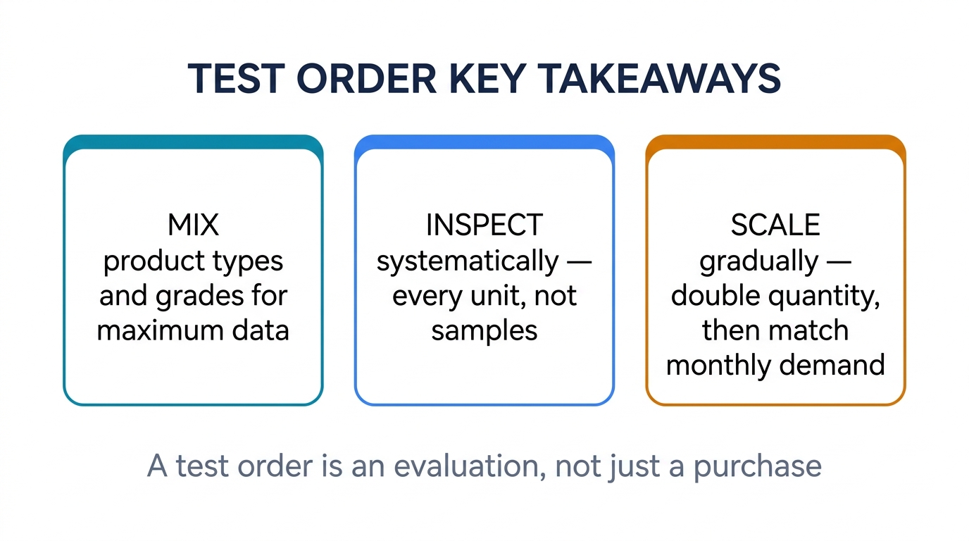 Summary infographic with three key takeaways for test order evaluation