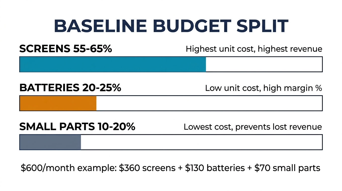 Data infographic showing baseline budget split: 55-65% screens, 20-25% batteries, 10-20% small parts