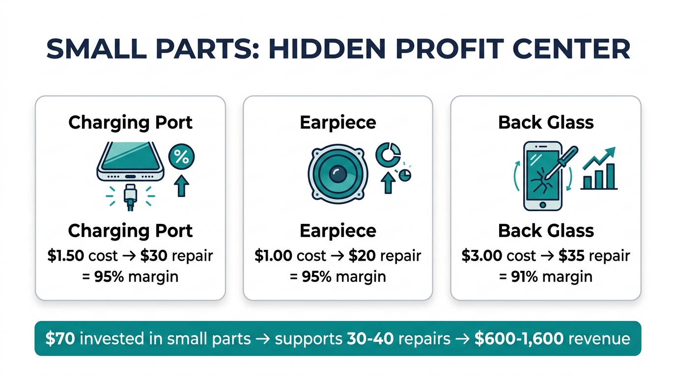 ROI infographic for small parts showing charging port, earpiece, and back glass margins