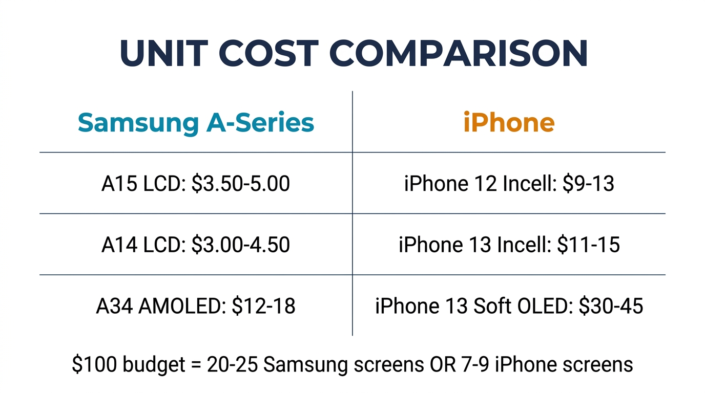 Unit cost comparison data showing Samsung A-Series LCD vs iPhone Incell and Soft OLED screen prices per unit