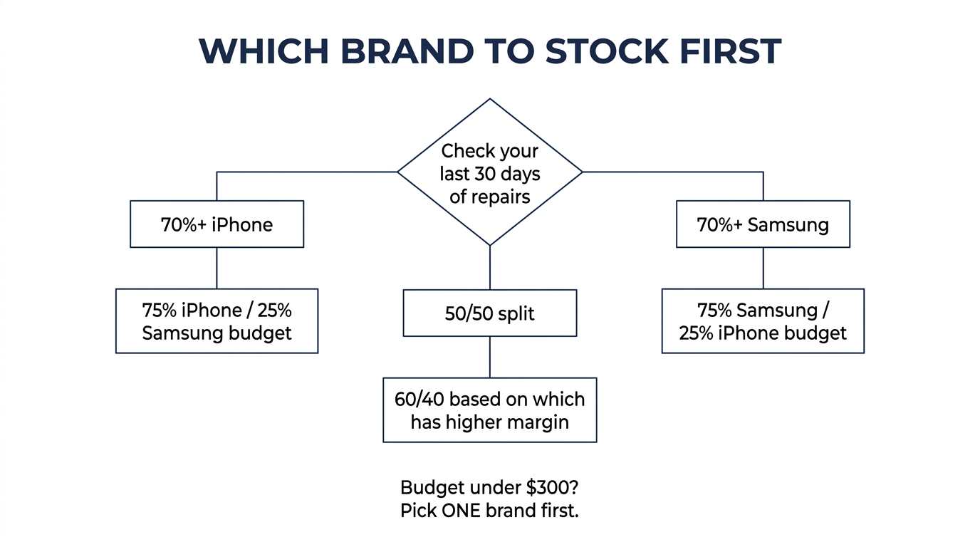 Decision framework flowchart for small buyers choosing between Samsung A-Series and iPhone parts based on repair data and budget