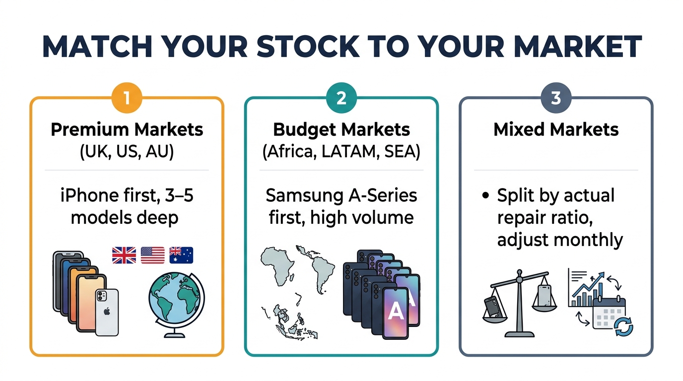 Summary infographic with key takeaways for Samsung vs iPhone parts stocking decisions