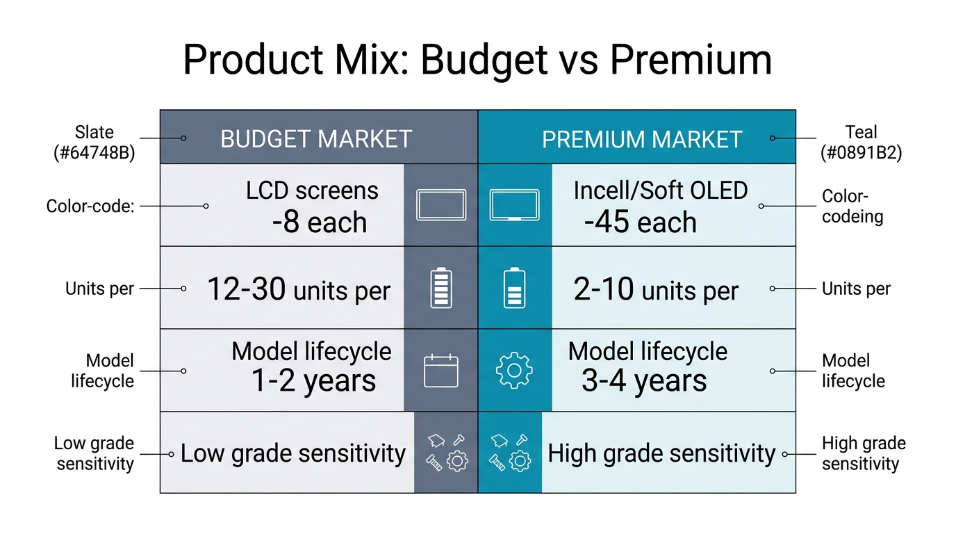 Side-by-side comparison of product mix in budget vs premium phone repair markets showing screens, batteries, and small parts