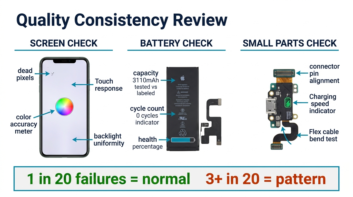 Technical annotation infographic showing quality consistency checks for screens, batteries, and small parts