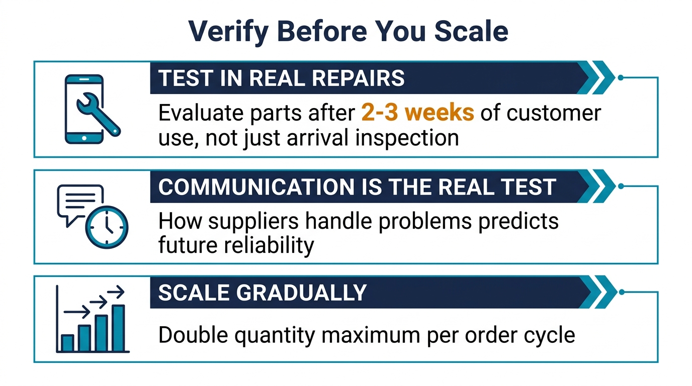 Summary infographic with three key takeaways for repeat order supplier evaluation