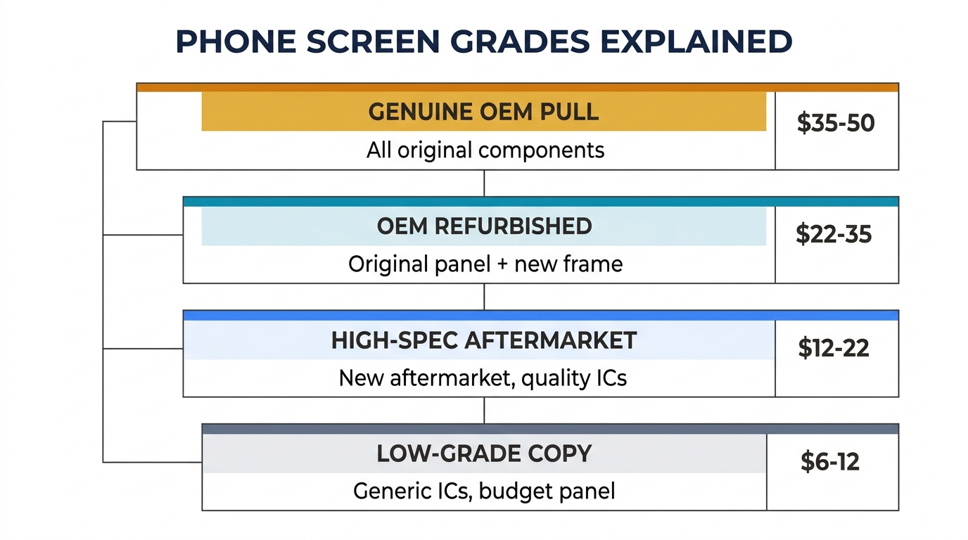 Four-tier phone screen grade hierarchy from OEM Pull to Low-Grade Copy with price ranges