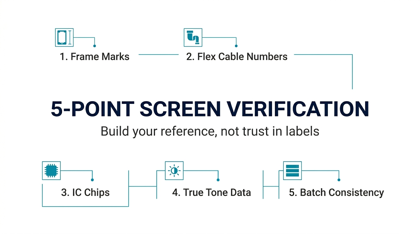 Summary of 5-point screen verification checklist: frame marks, flex cables, IC chips, True Tone, batch consistency