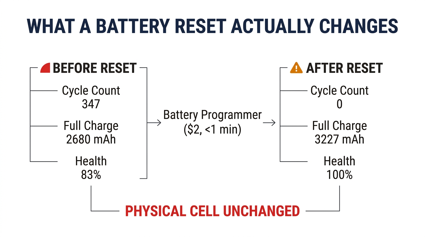 Before and after comparison of battery data reset: cycle count 347 to 0, health 83% to 100%, physical cell unchanged