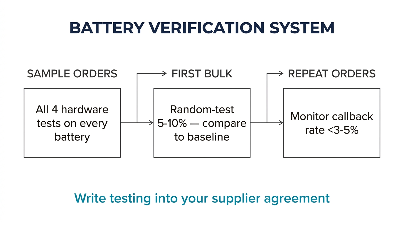 Three-stage battery verification system: sample testing, bulk spot-checks, callback rate monitoring