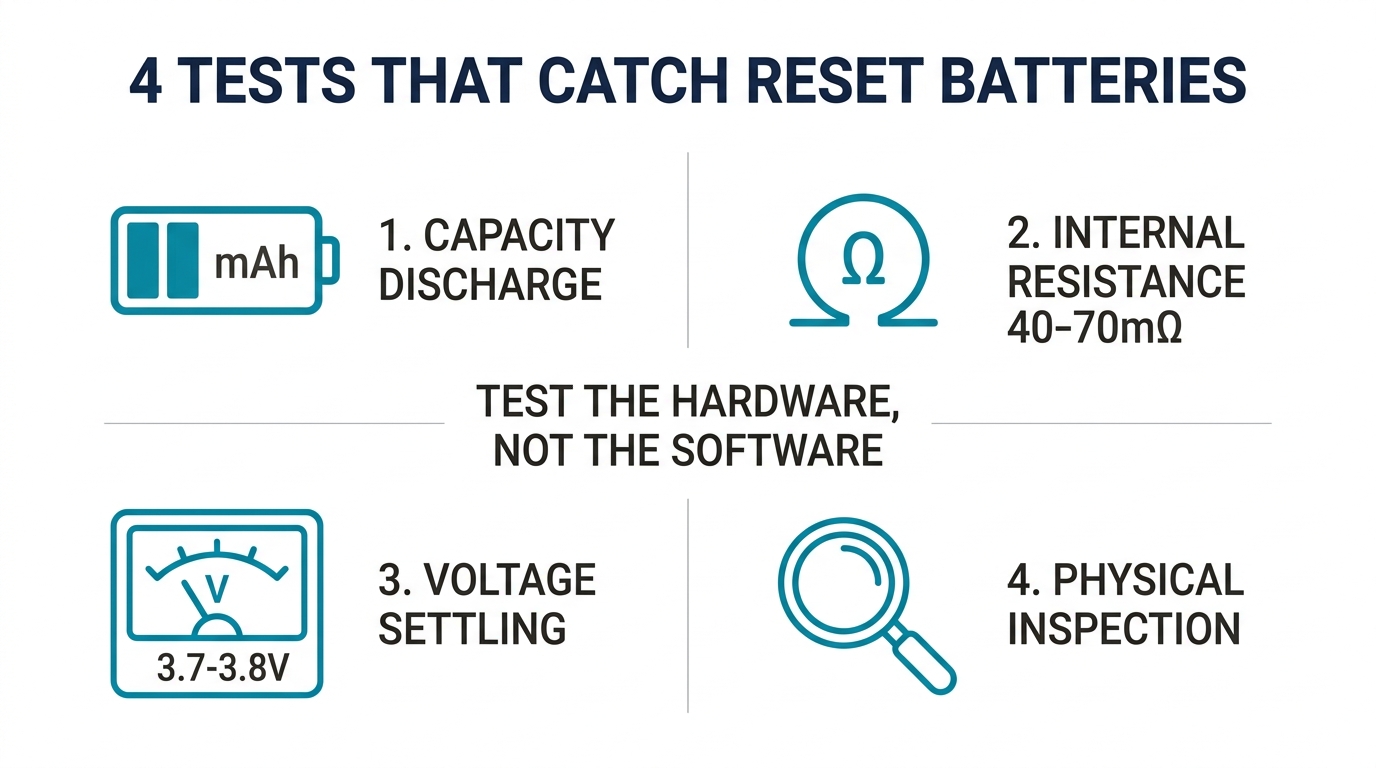 Four hardware tests that catch reset batteries: capacity discharge, internal resistance, voltage settling, physical inspection