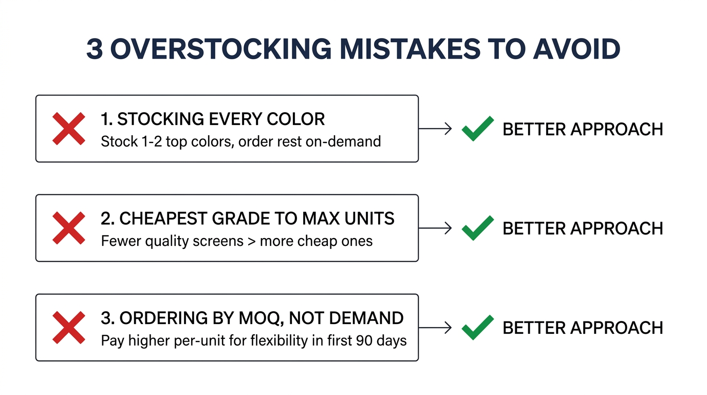 Three common overstocking mistakes: stocking every color, cheapest grade, and ordering by MOQ not demand