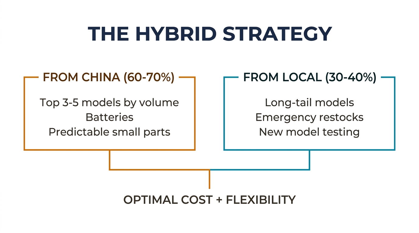 Hybrid sourcing strategy: 60-70% from China for top models, 30-40% local for flexibility