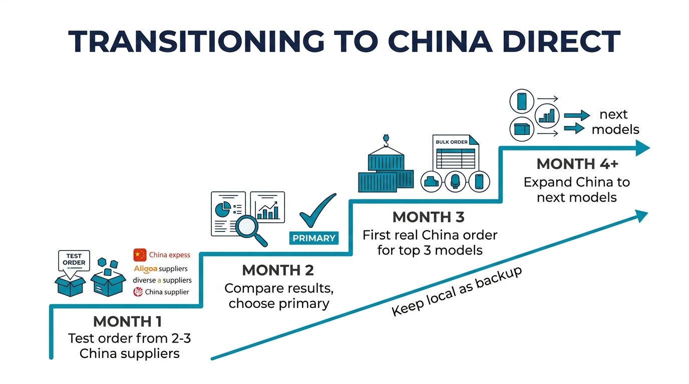 Four-month transition timeline from local-only to hybrid China direct sourcing