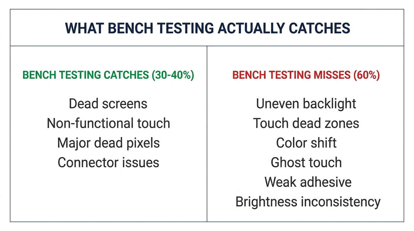 Split comparison: bench testing catches 30-40% of defects vs 60% invisible defects it misses