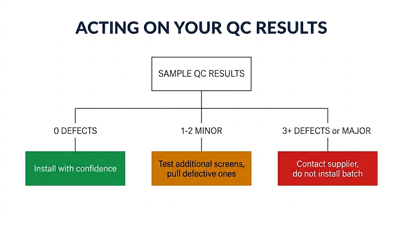 QC results decision tree: 0 defects install, 1-2 minor test more, 3+ defects contact supplier