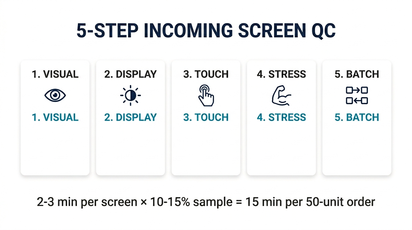 Five-step incoming screen QC process: visual, display, touch, stress, and batch consistency checks
