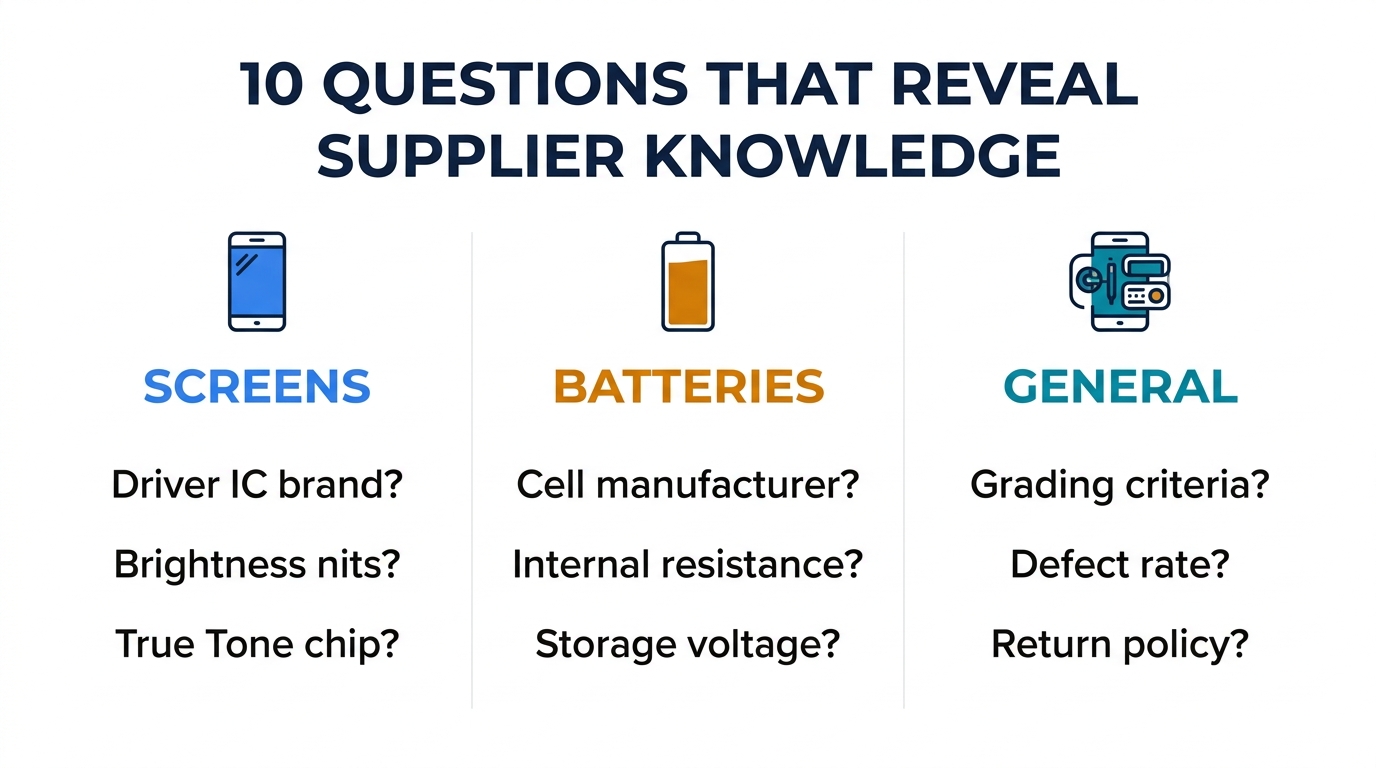 Three categories of technical questions: screens, batteries, and general supplier knowledge