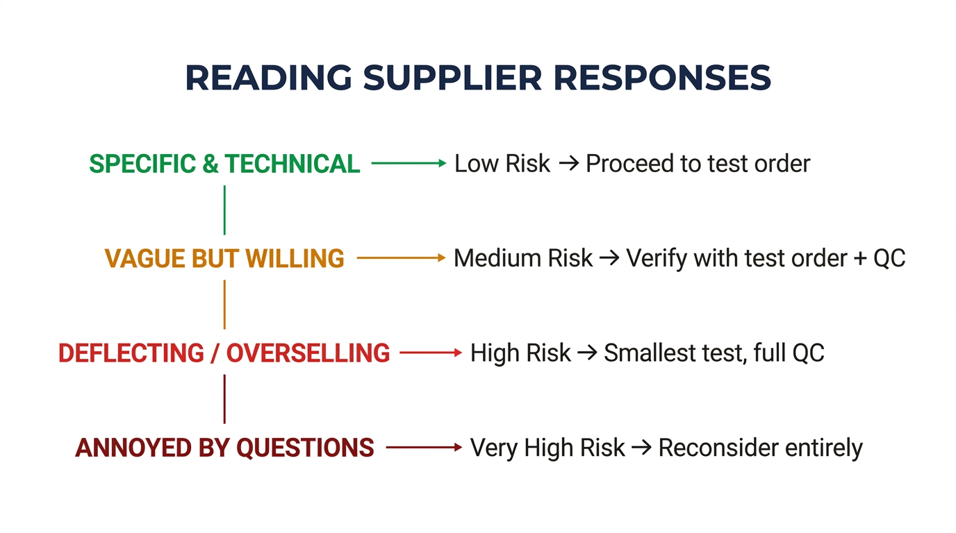 Four supplier response patterns from specific-technical to annoyed, with risk levels