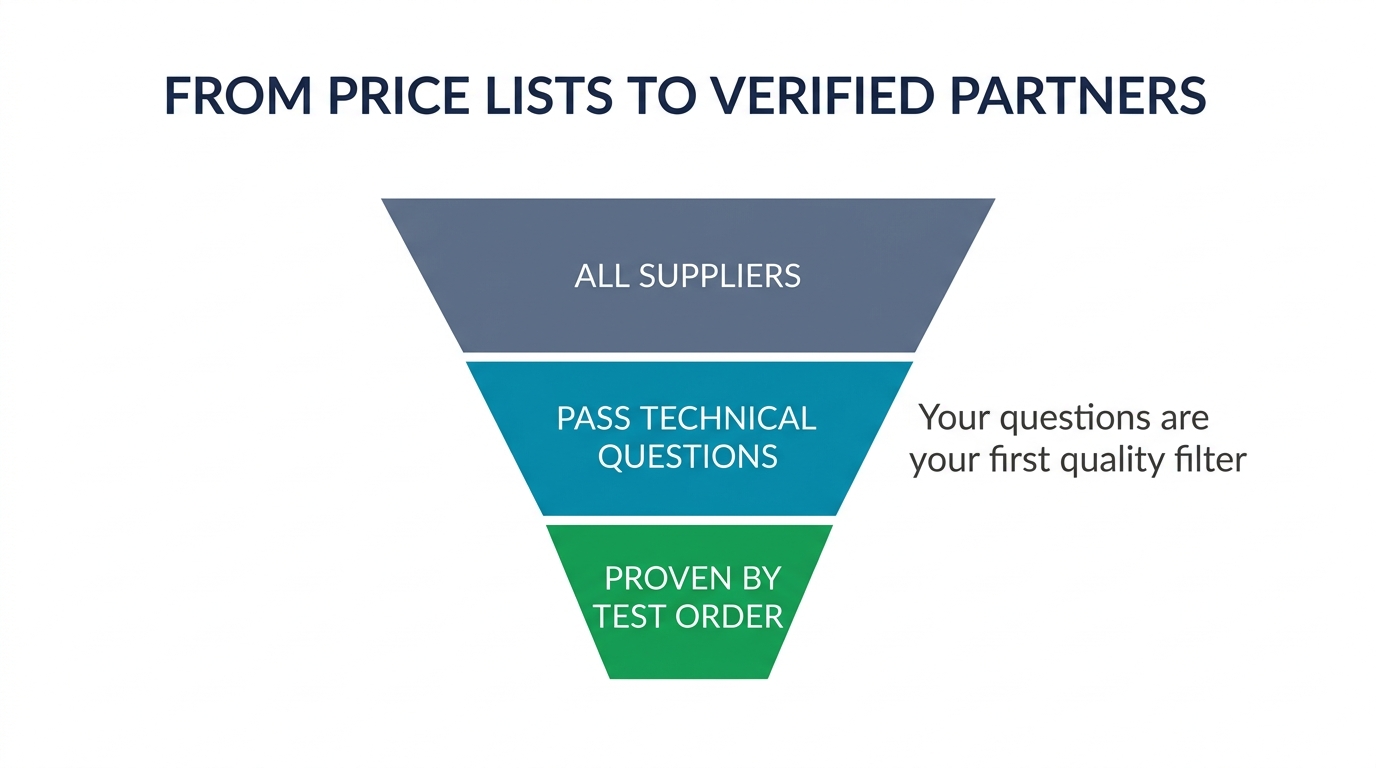 Supplier filtering funnel: all suppliers narrowing to those passing technical questions to verified partners