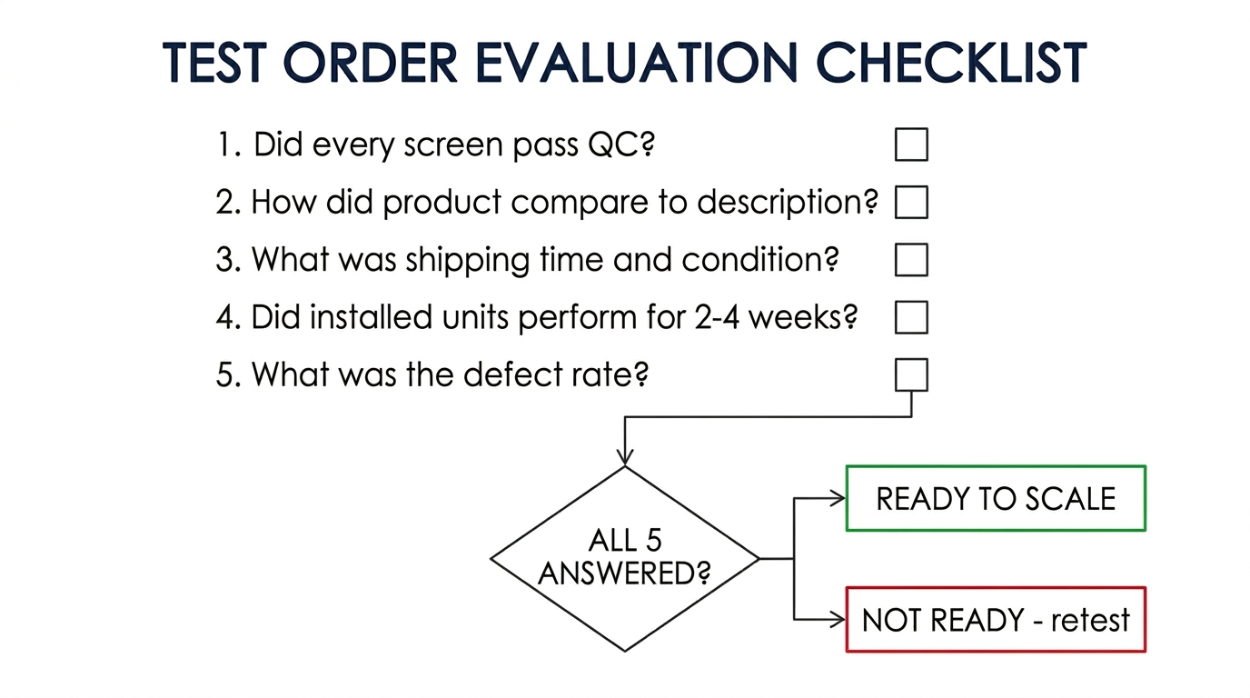 Five-question test order evaluation checklist with pass/fail decision
