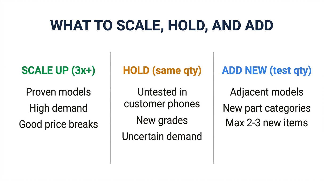 Three categories for first real order: scale up proven models, hold uncertain items, add new at test volume