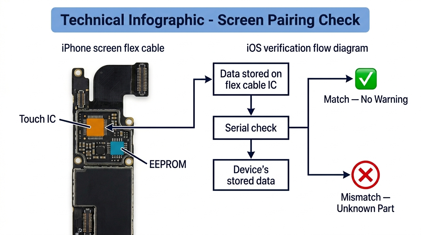 iPhone screen flex cable with Touch IC and EEPROM chip locations
