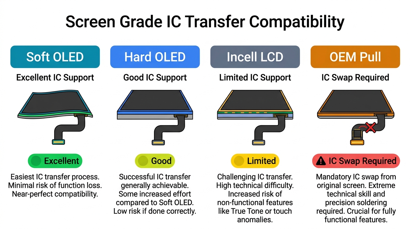 Incell, Hard OLED, Soft OLED, and OEM Pull IC transfer compatibility comparison